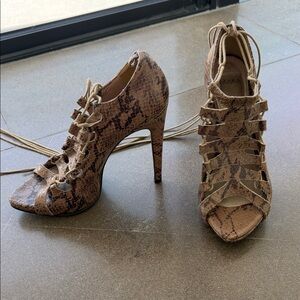 Zara Taupe Snake-Print Lace-Up High Heels